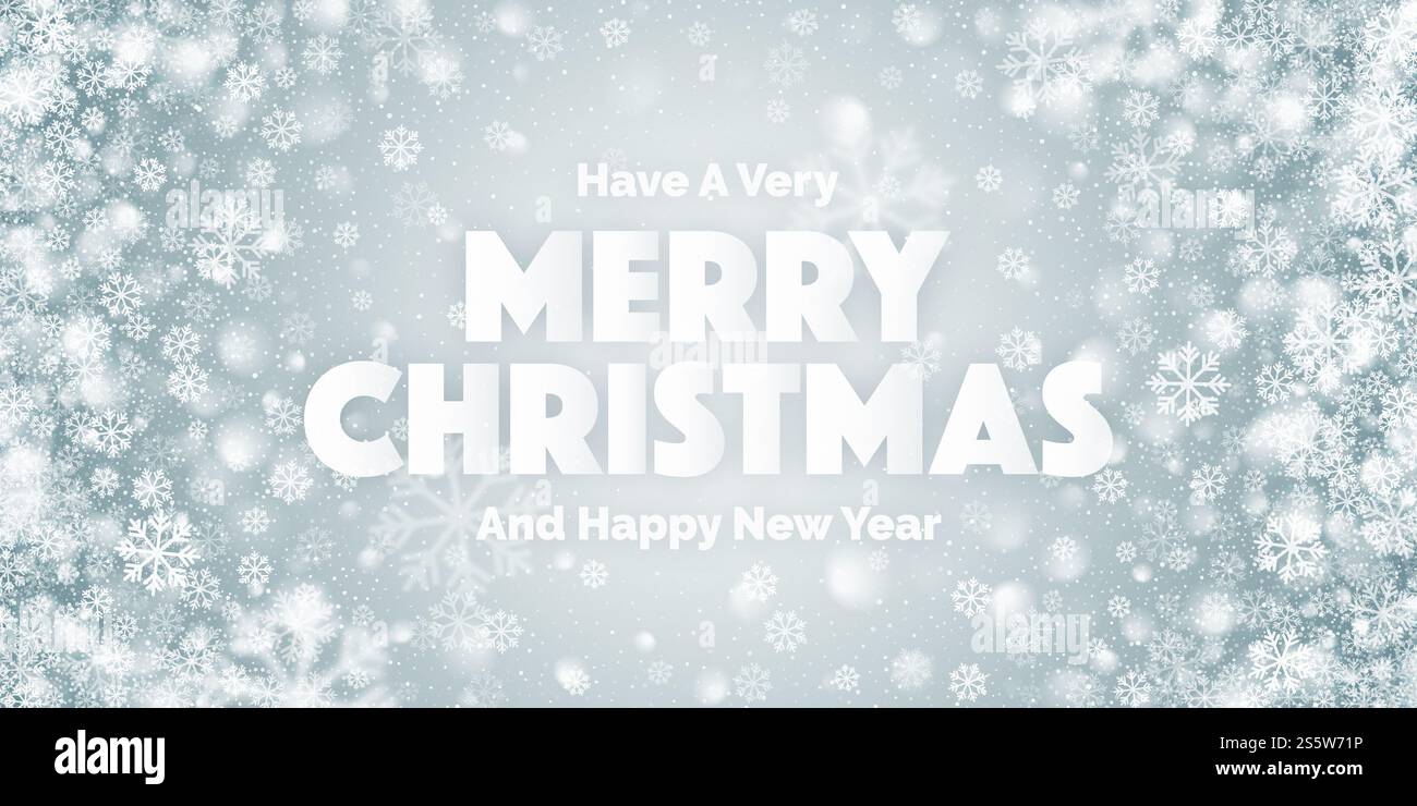 Buon Natale illustrazione con testo 3D e fiocchi di neve bianchi su sfondo azzurro Foto Stock