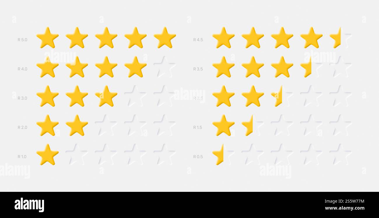 UI neumorfica UX Design Elements stelle gialle sistema di valutazione su sfondo bianco Foto Stock