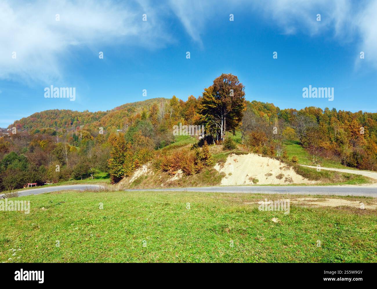 Vista delle montagne autunnali con strada di campagna (Carpazi MTS, Ucraina). Foto Stock
