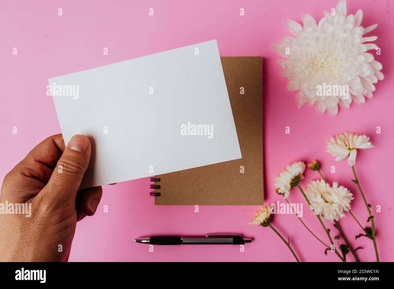 Tenendo a mano carta bianca, quaderno, penna e fiore su sfondo rosa Foto Stock