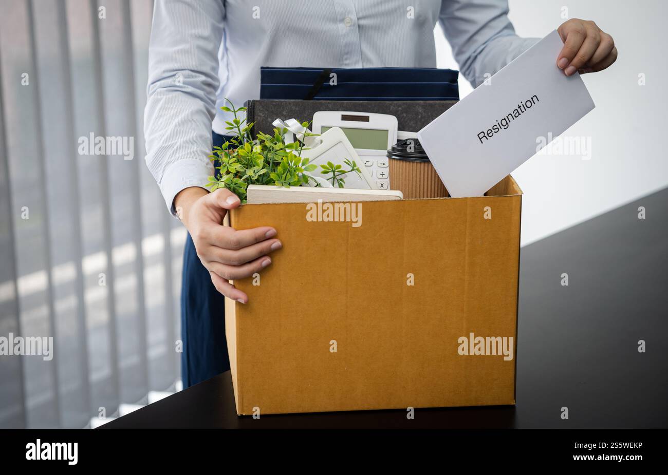 Donna d'affari che invia una lettera di dimissioni e materiale da imballaggio, si dimette dalla depressione o porta con sé una scatola di cartone da lavoro alla scrivania in ufficio. Cambio di lavoro o. Foto Stock Donna d'affari che invia una lettera di dimissioni e materiale da imballaggio, si dimette dalla depressione o porta con sé una scatola di cartone da lavoro alla scrivania in ufficio. Cambio di lavoro o. Foto Stock