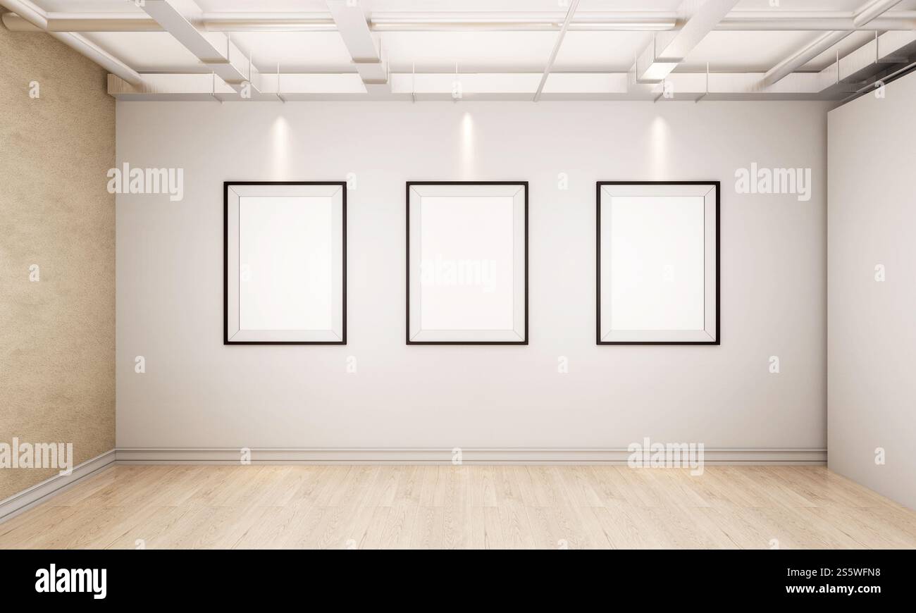 Cornice fotografica a parete in salotto, in stile 3D. Foto Stock