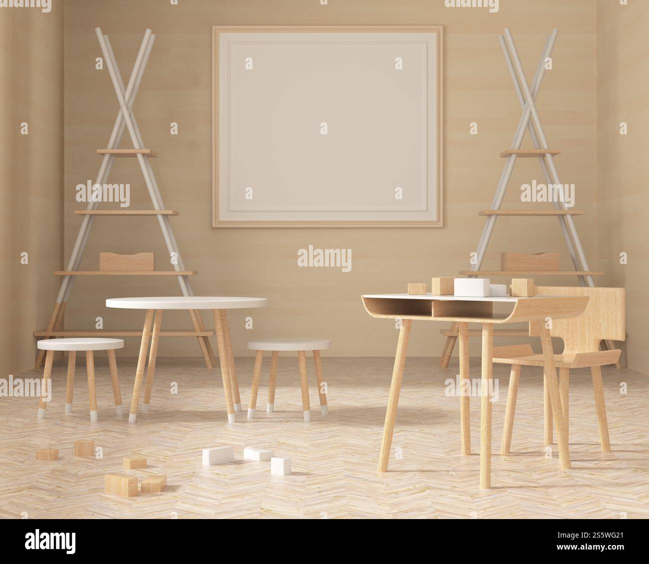 Soggiorno con tavolo, sedia e struttura a parete in stile 3D. Foto Stock