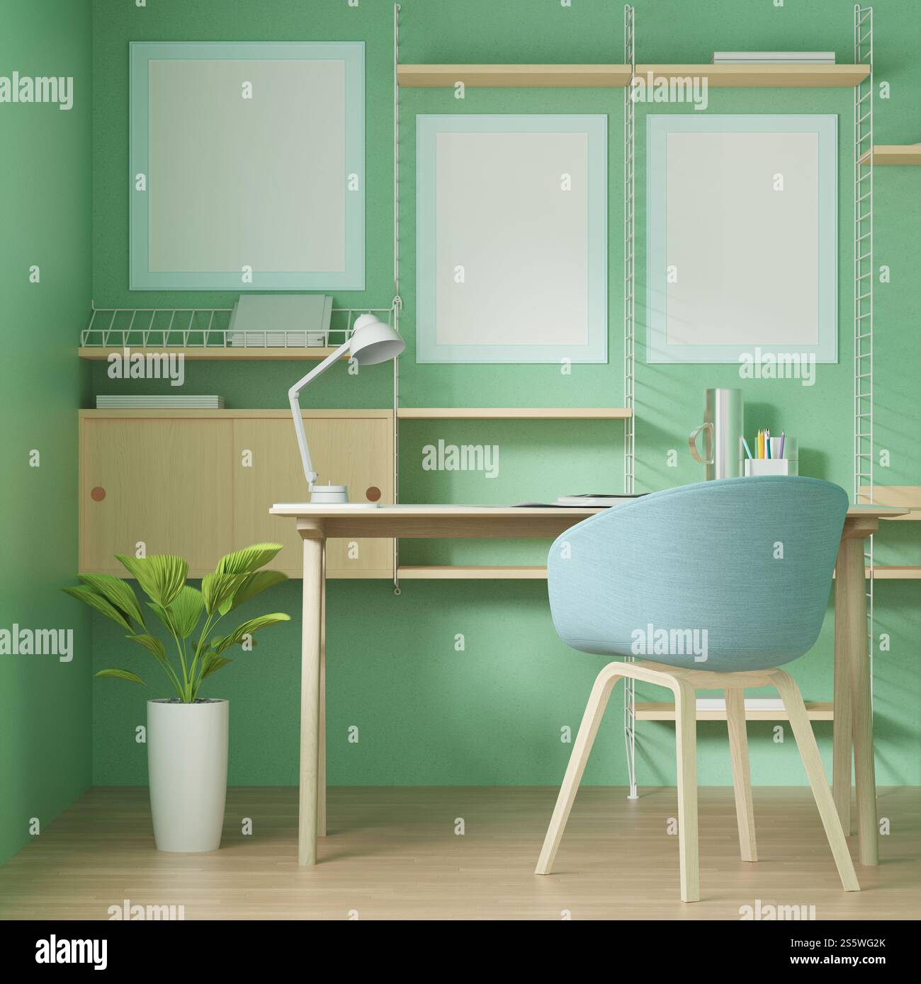 Soggiorno con tavolo, sedia e struttura a parete in stile 3D. Foto Stock