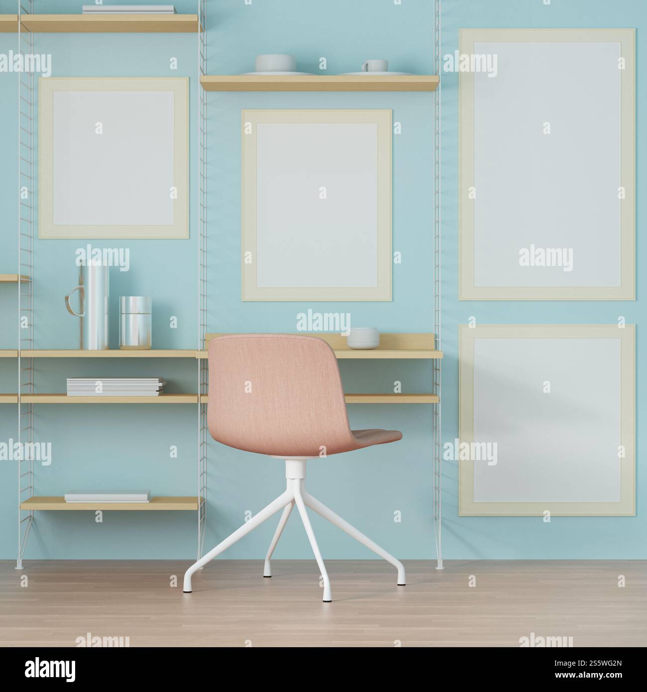 Soggiorno con tavolo, sedia e struttura a parete in stile 3D. Foto Stock
