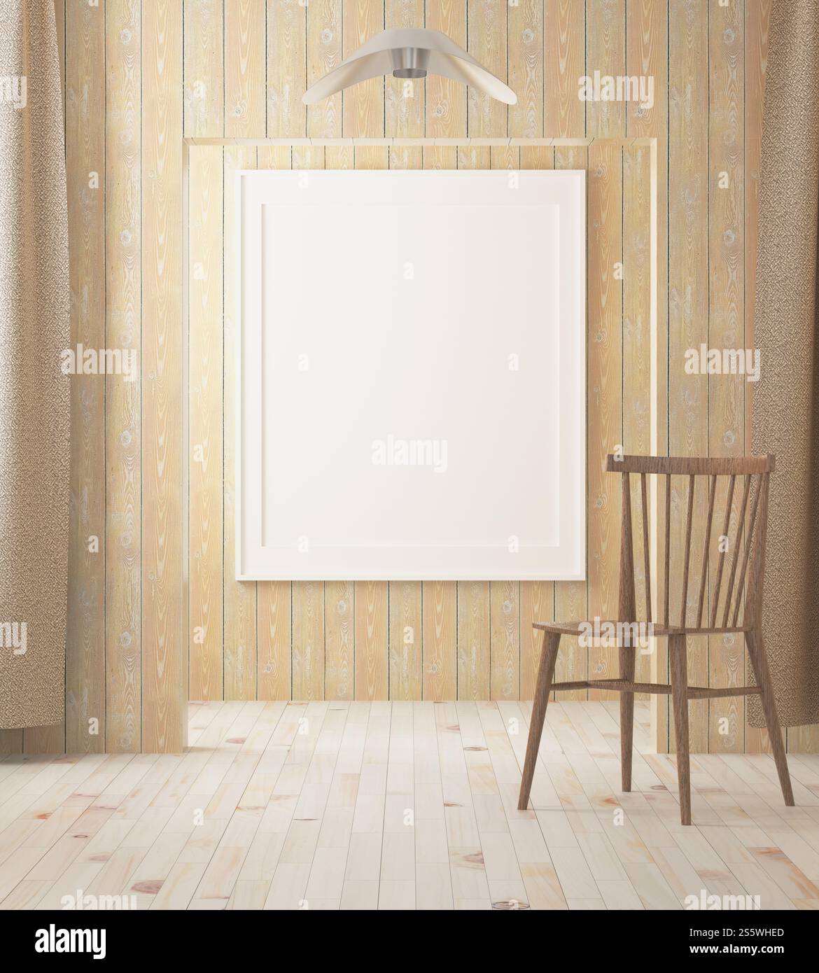 Soggiorno con sedia e struttura a parete in stile 3D. Foto Stock