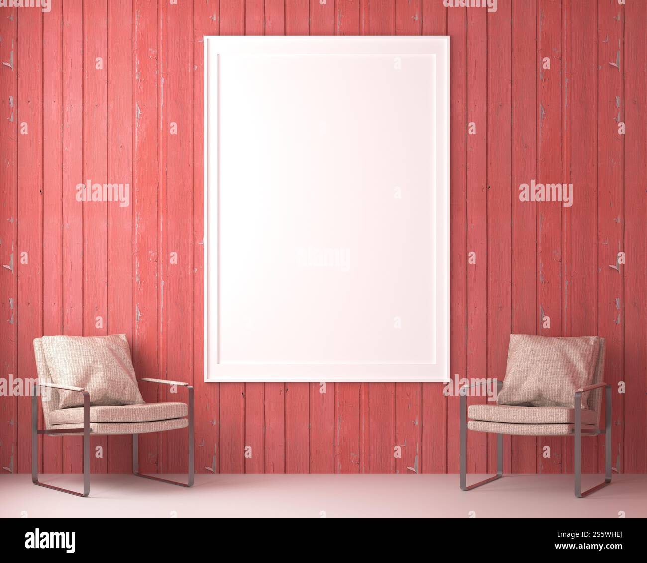 Soggiorno con sedia e struttura a parete in stile 3D. Foto Stock