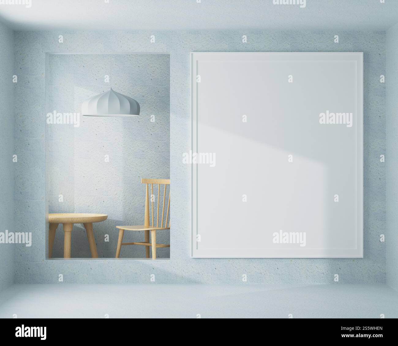 Soggiorno con sedia e struttura a parete in stile 3D. Foto Stock