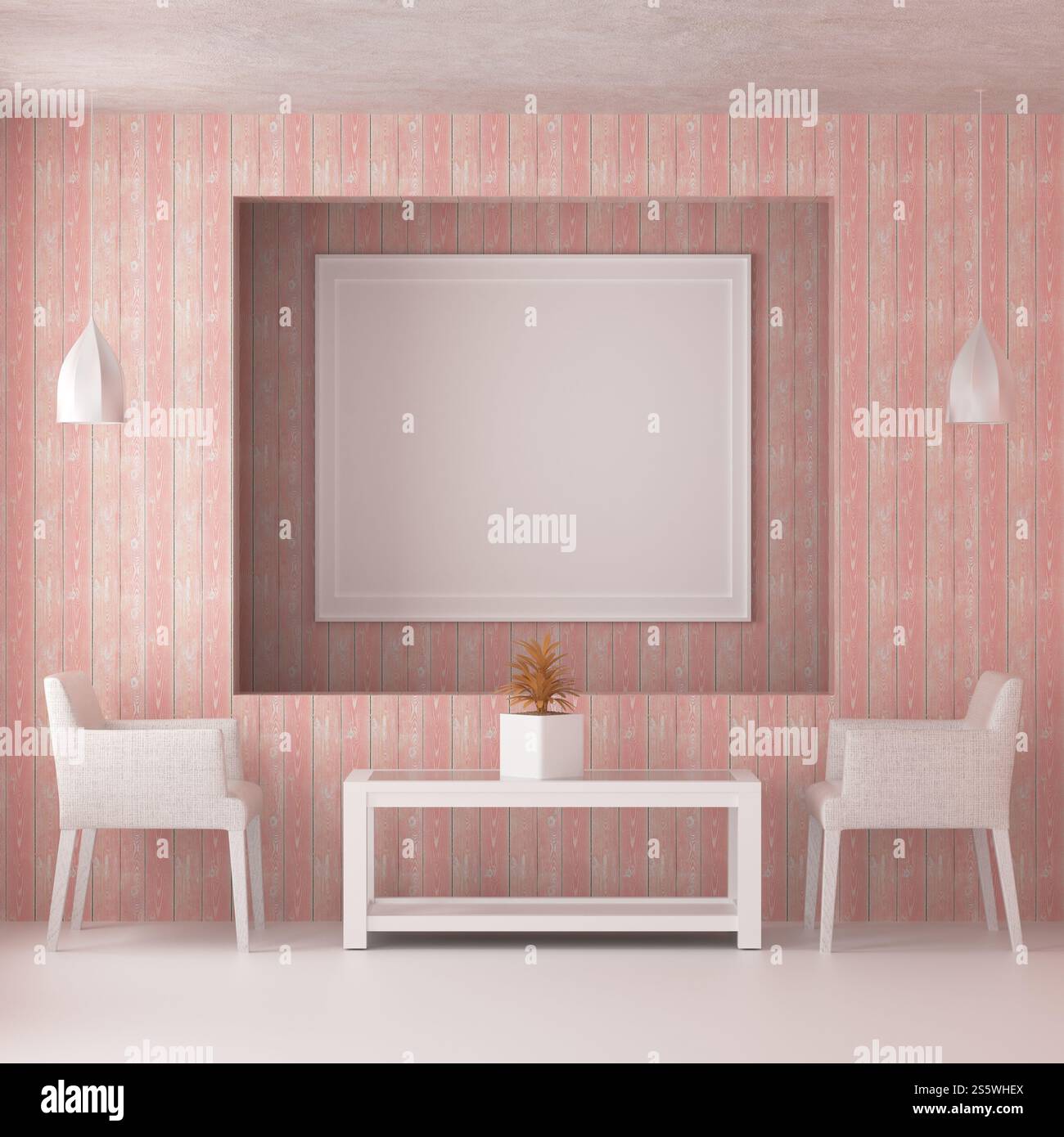 Soggiorno con sedia e struttura a parete in stile 3D. Foto Stock