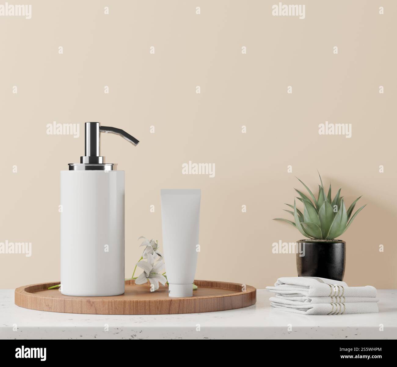 Spremere la bottiglia e il tiralatte per cosmetici su sfondo rosa, stile 3d. Foto Stock