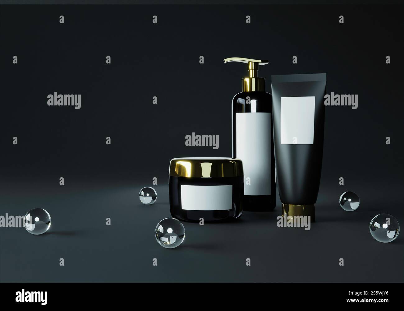 Biberon, vasetto panna e tubo a pressione su sfondo nero. Foto Stock