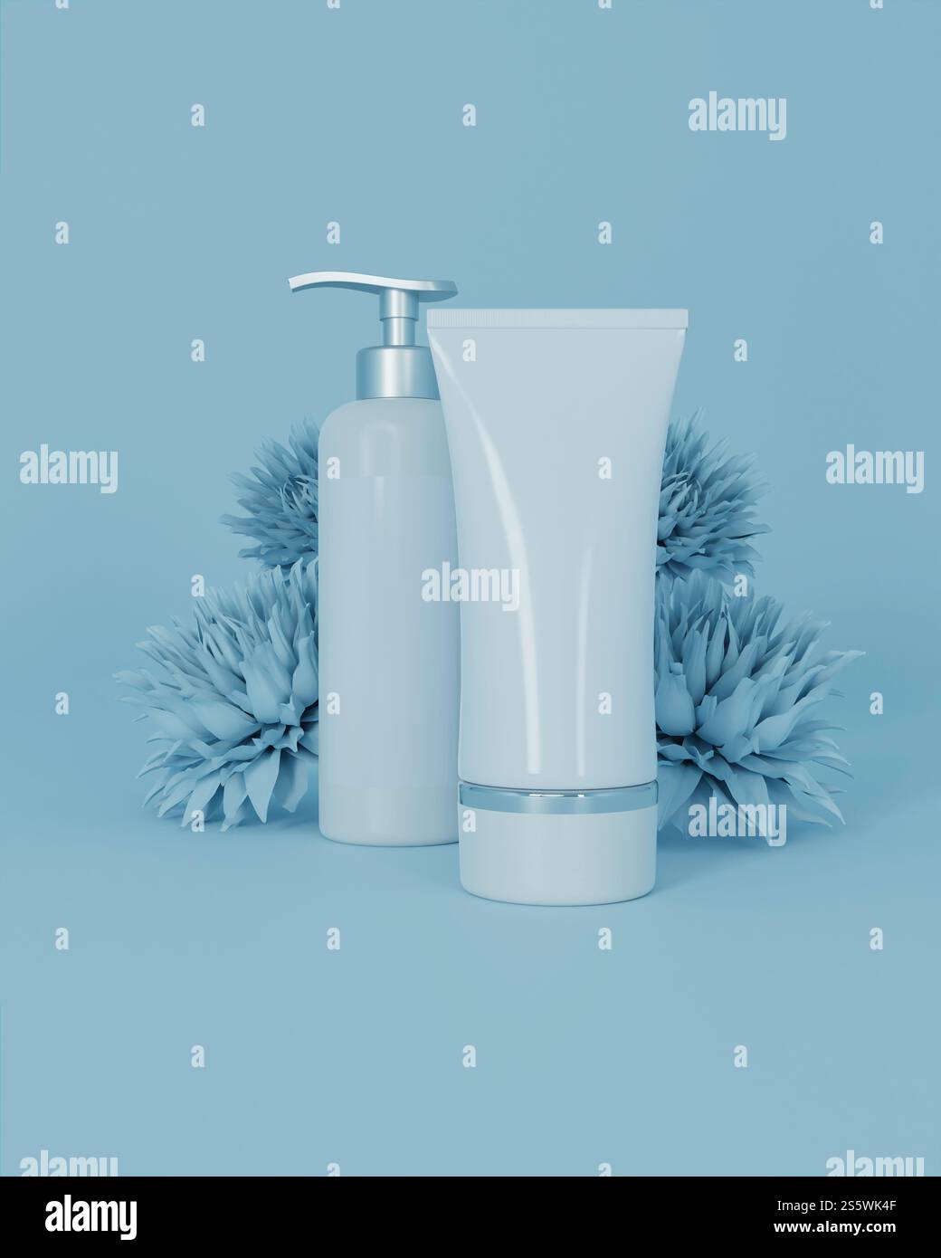 Spremere la bottiglia e il tiralatte per cosmetici su sfondo ciano pastello, stile 3d. Foto Stock