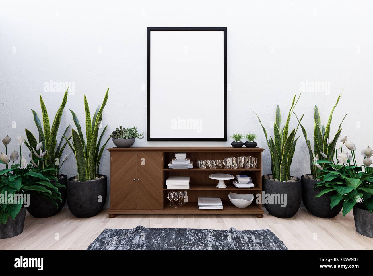 Illustrazione 3D. cornice fotografica mockup sull'armadietto in soggiorno, rendering Foto Stock