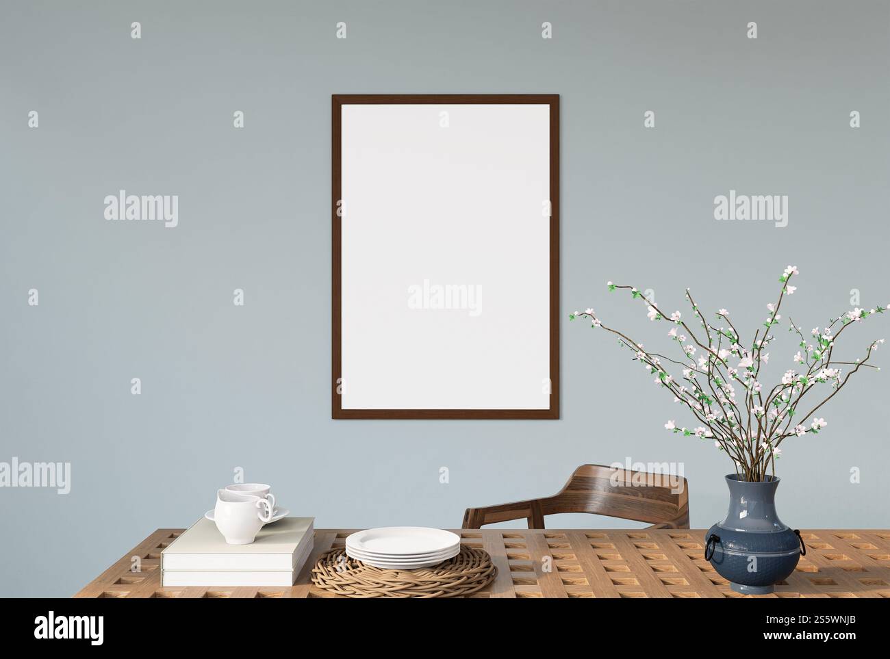 Illustrazione 3D. cornice fotografica per mockup sul piatto a parete e tazza di caffè su un tavolo in legno nel soggiorno, rendering Foto Stock