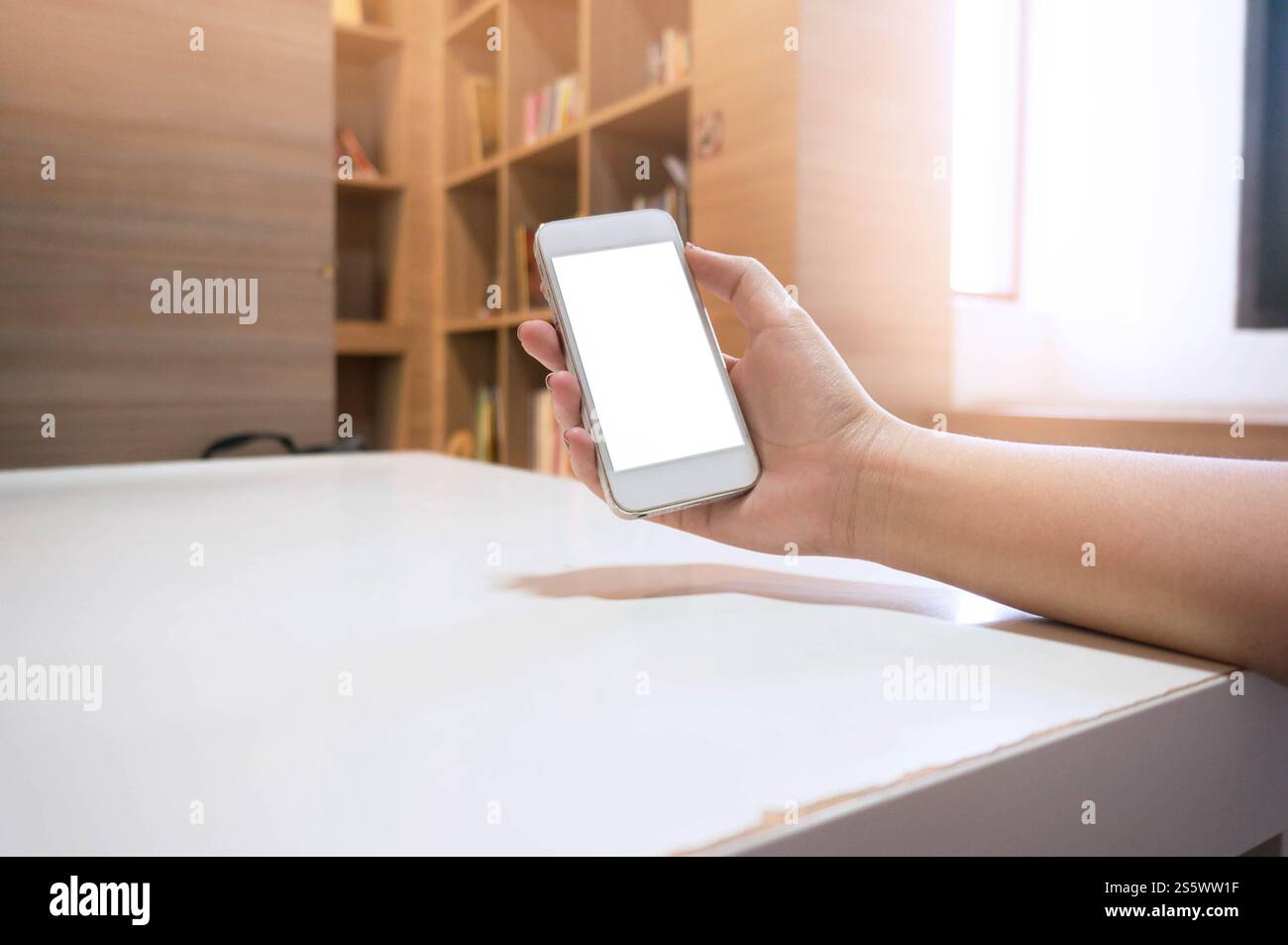 Mani donne che tengono il telefono cellulare schermo vuoto di copia. smartphone con tecnologia Foto Stock