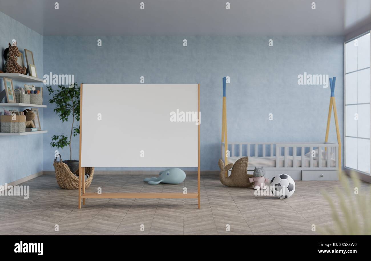Tabellone bianco per mockup con illustrazione 3D con telaio e supporto nella stanza dei bambini o nella nursery di casa, interni e decorazioni con mobili eleganti e morbidi Foto Stock