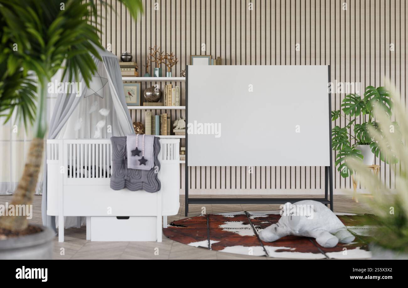 Tabellone bianco per mockup con illustrazione 3D con telaio e supporto nella stanza dei bambini o nella nursery di casa, interni e decorazioni con mobili eleganti e morbidi Foto Stock