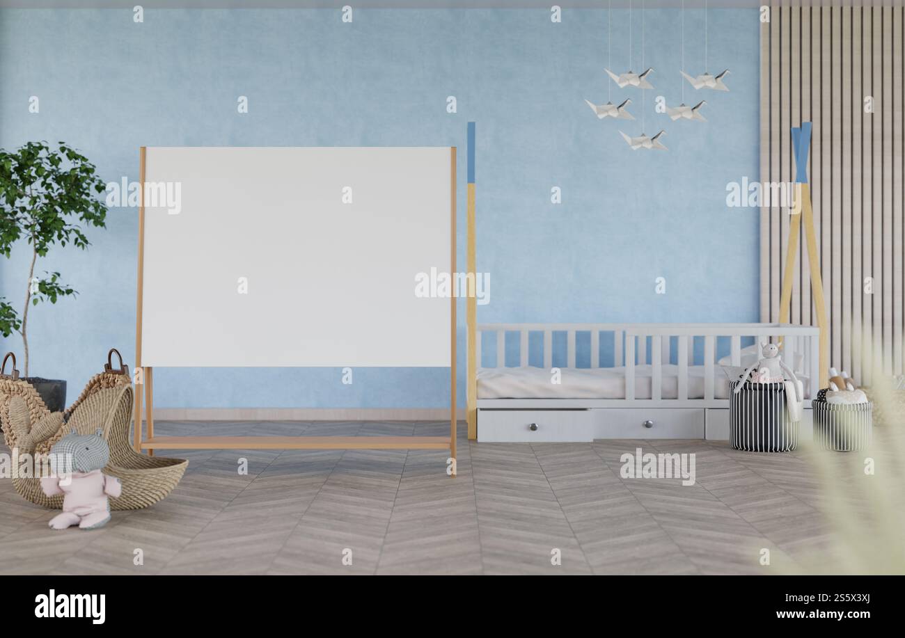 Tabellone bianco per mockup con illustrazione 3D con telaio e supporto nella stanza dei bambini o nella nursery di casa, interni e decorazioni con mobili eleganti e morbidi Foto Stock