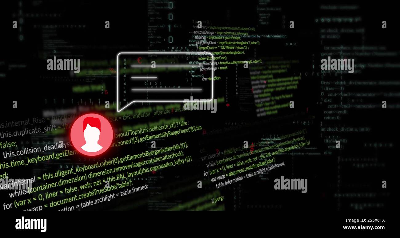 Immagine di icona e bublle vocale ed elaborazione dei dati su sfondo scuro Foto Stock