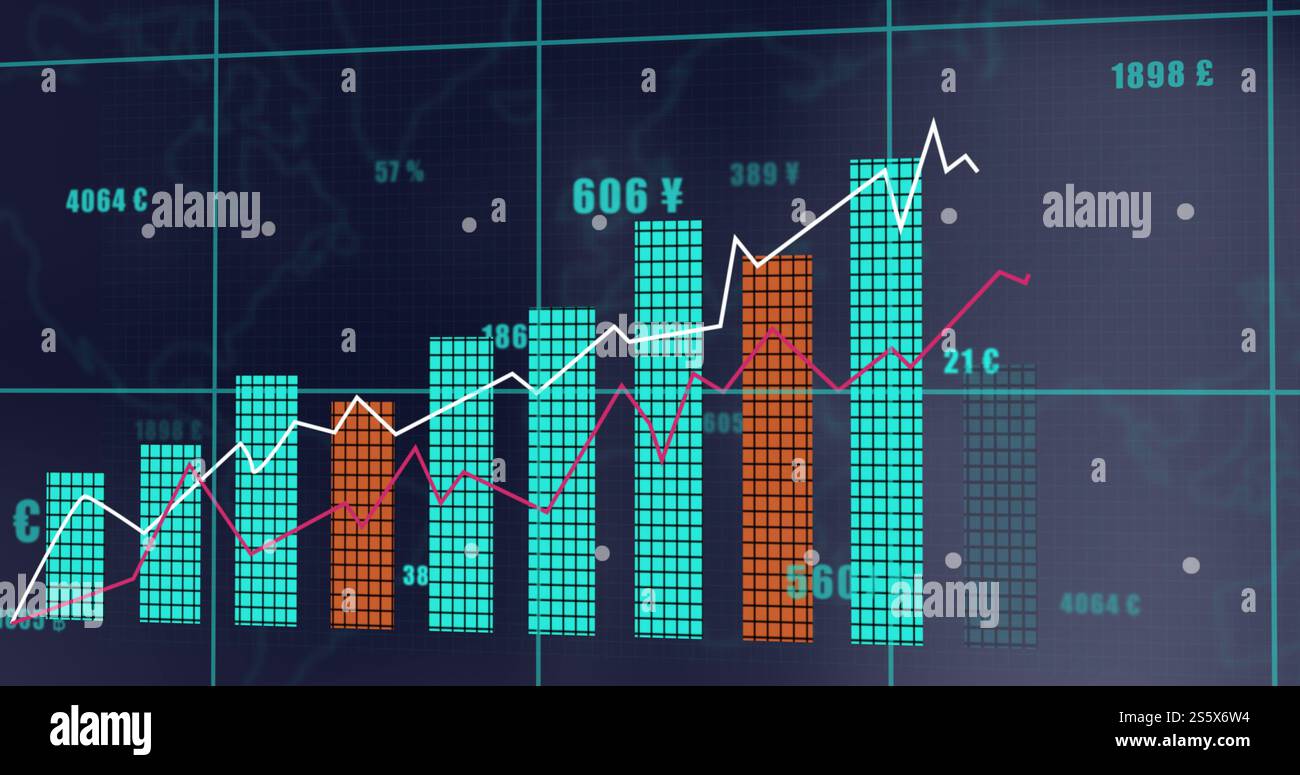 Immagine dell'elaborazione dei dati finanziari su sfondo scuro Foto Stock