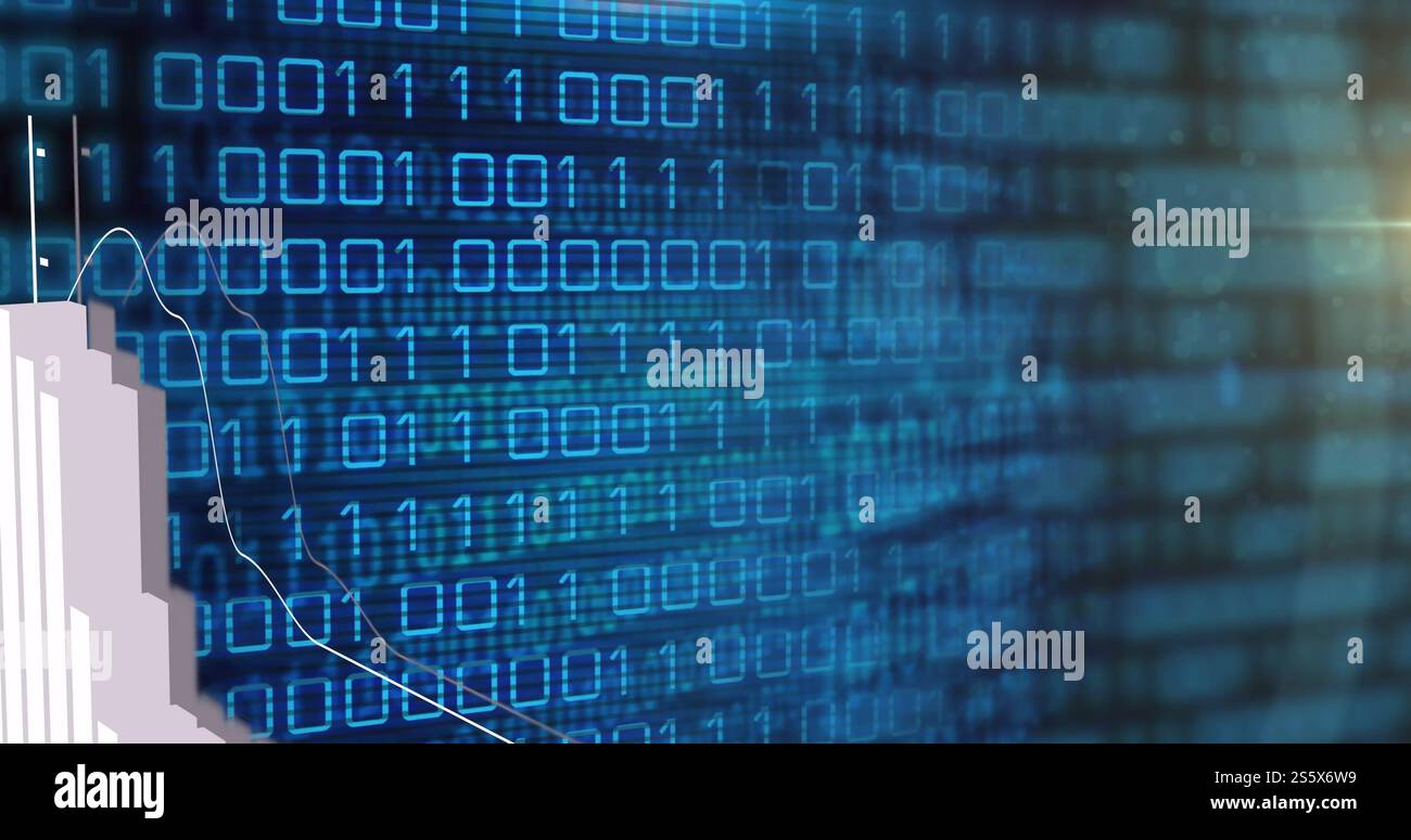 Immagine della codifica binaria e dell'elaborazione dei dati finanziari su sfondo scuro Foto Stock