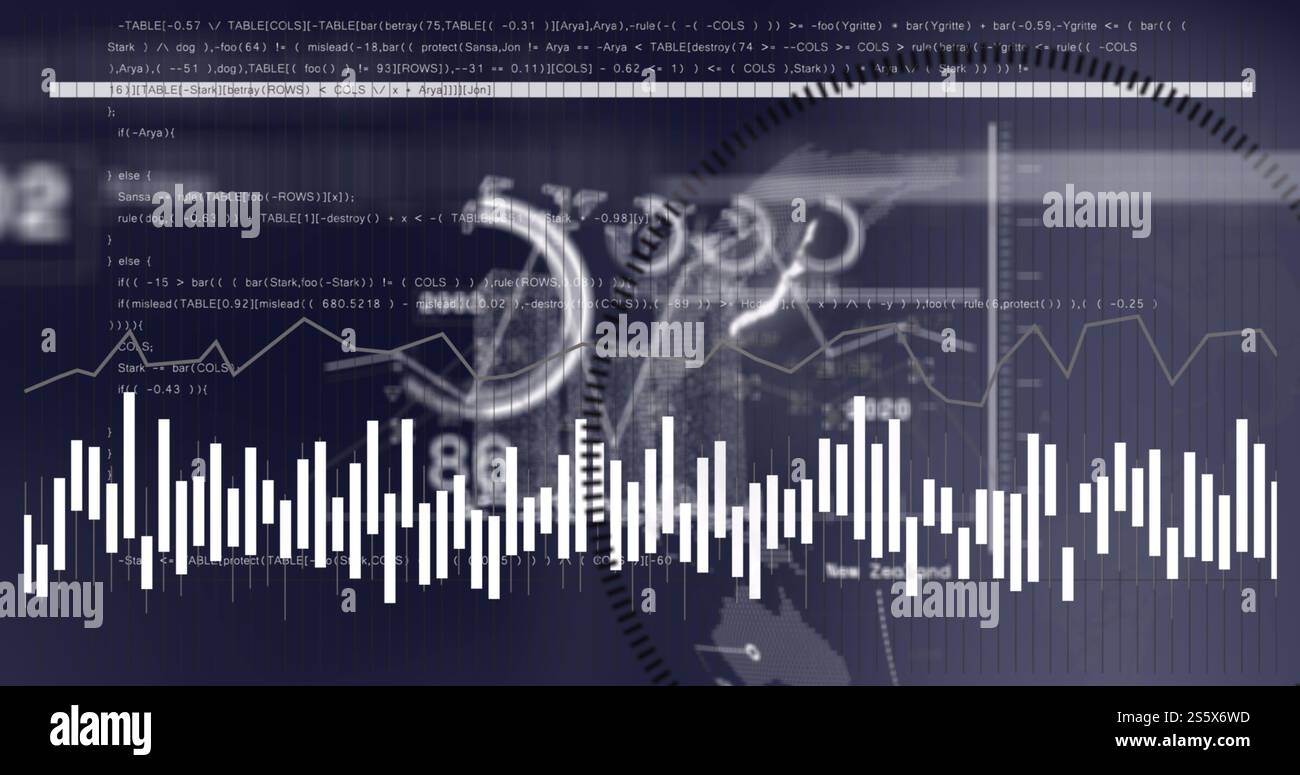 Immagine dell'elaborazione dei dati finanziari su sfondo scuro Foto Stock