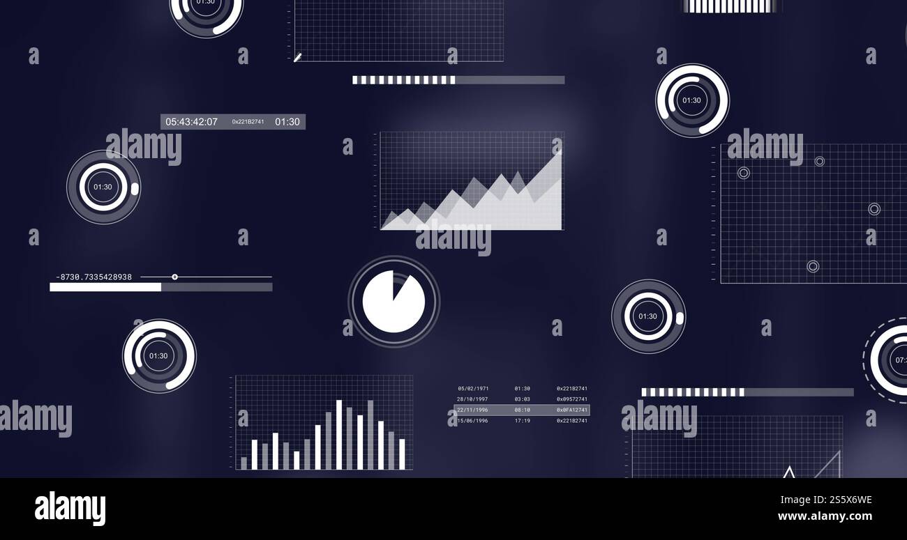 Immagine dell'elaborazione dei dati finanziari su sfondo scuro Foto Stock