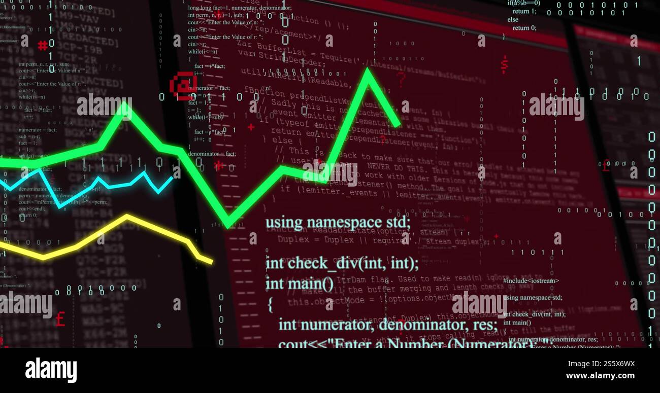 Immagine di linee ed elaborazione dei dati finanziari su sfondo scuro Foto Stock