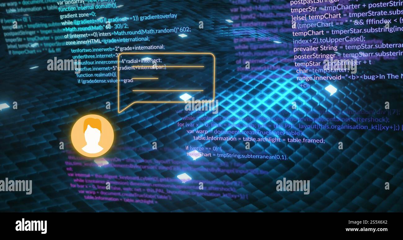 Immagine di icona e bublle vocale ed elaborazione dei dati su sfondo scuro Foto Stock