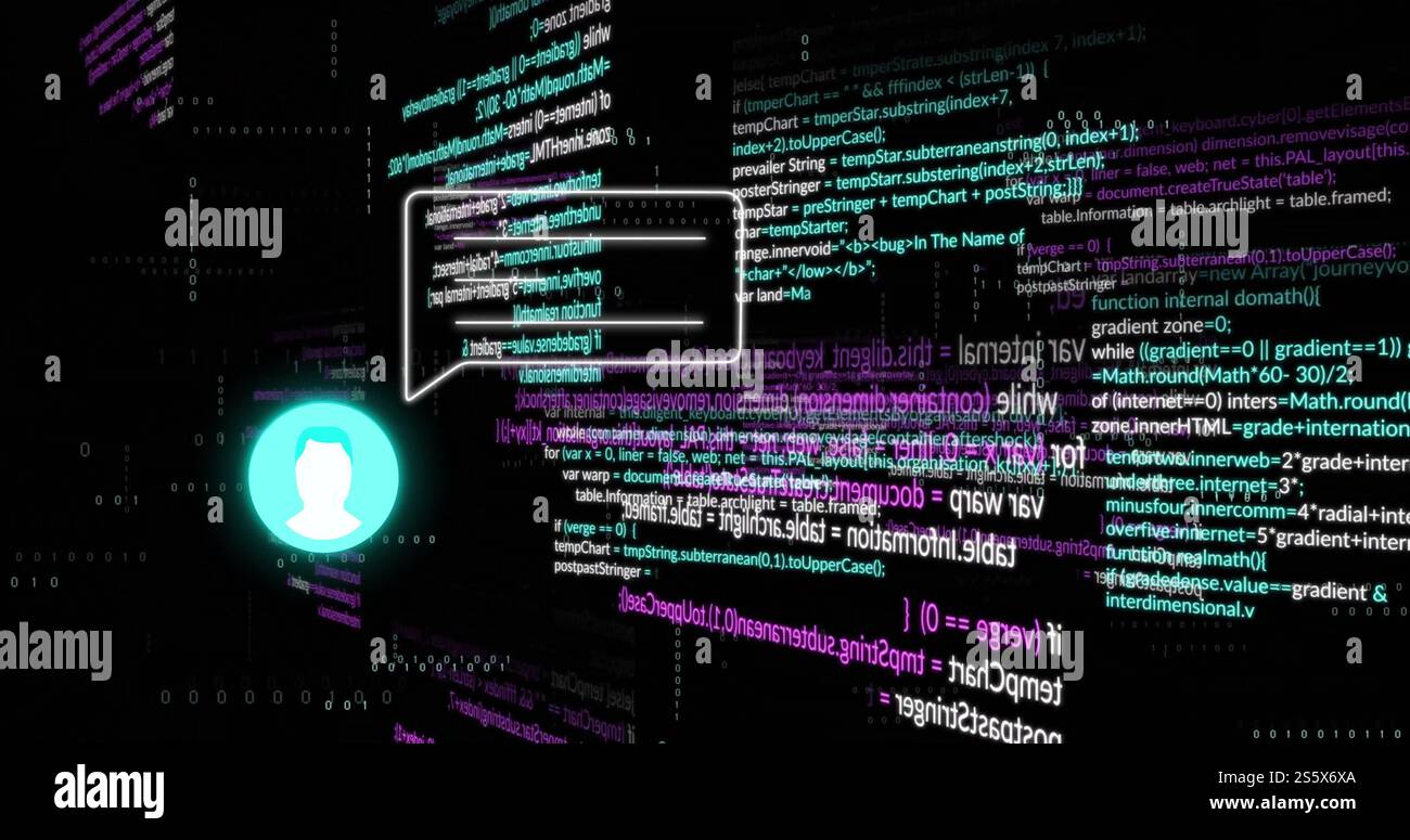 Immagine di icona e bublle vocale ed elaborazione dei dati su sfondo scuro Foto Stock