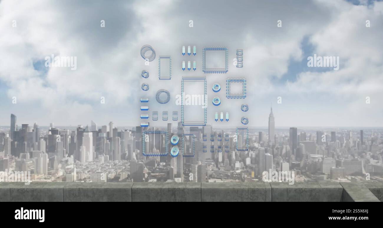 Immagine del circuito stampato e dell'elaborazione dei dati su un paesaggio urbano Foto Stock