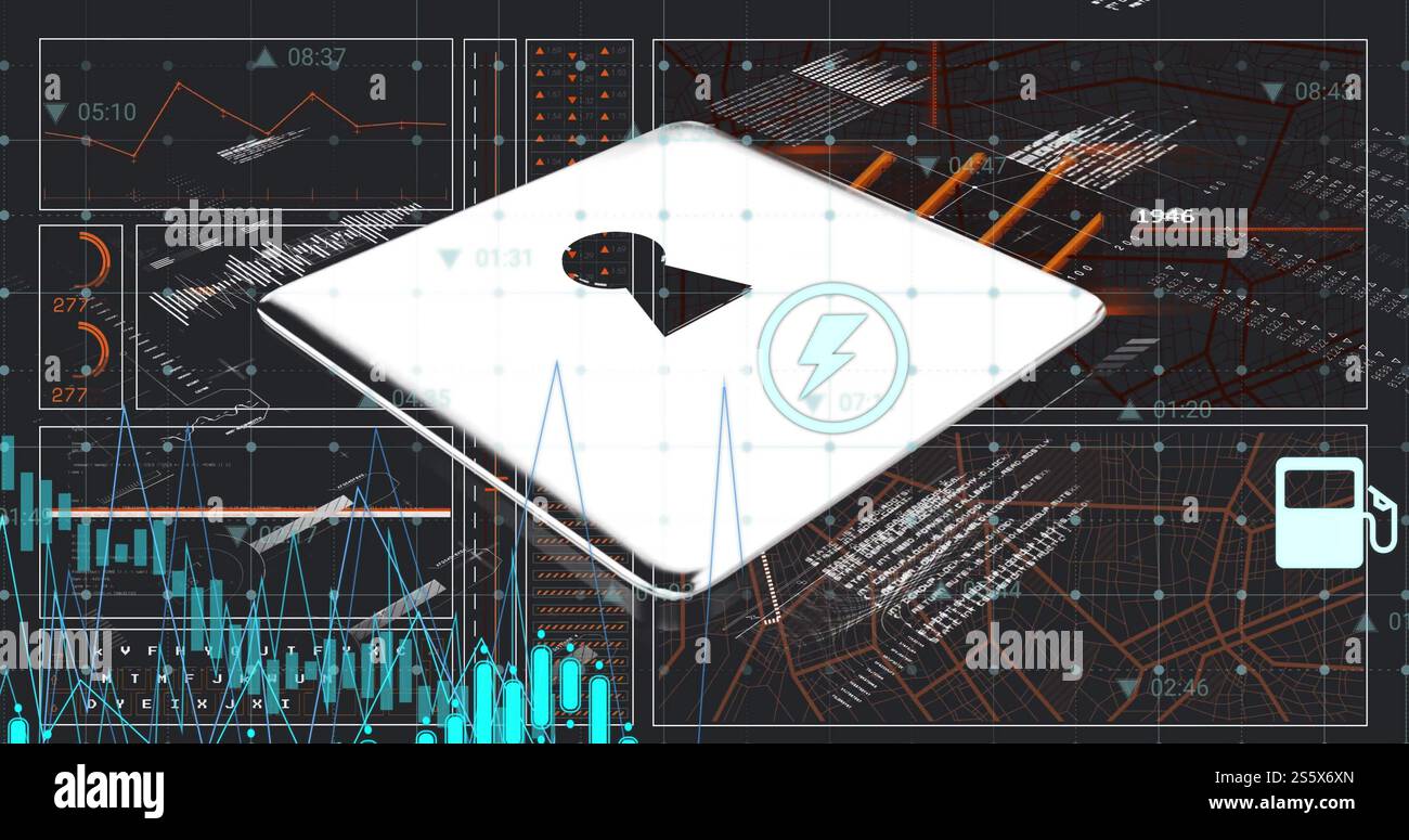Immagine dell'elaborazione digitale dei dati con l'icona del lucchetto sui server dei computer Foto Stock