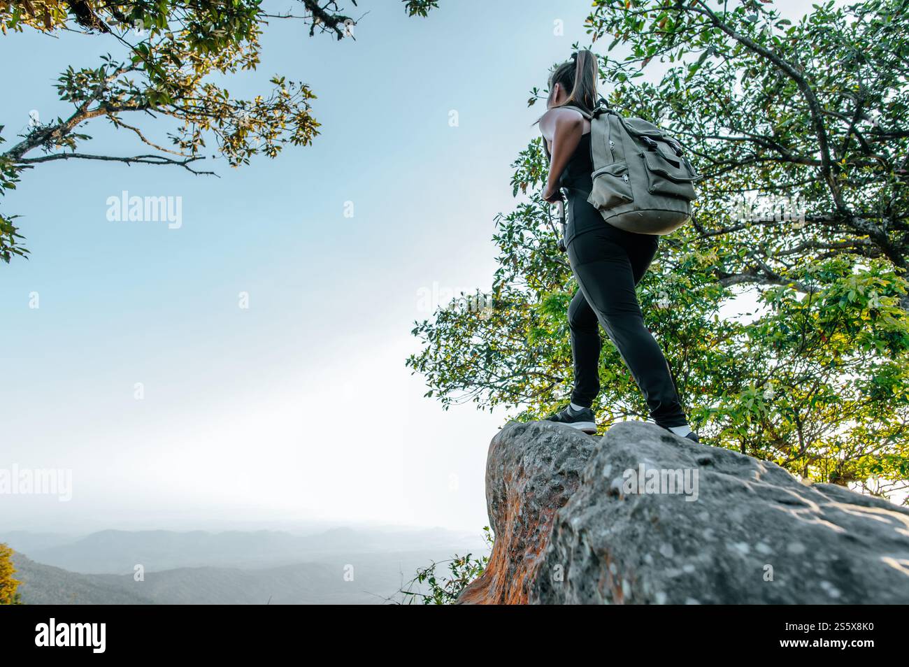 Vista posteriore della giovane donna asiatica che si trova in piedi al punto panoramico e che guarda una splendida vista con felice sulla montagna di picco e raggi del sole, copia spazio Foto Stock
