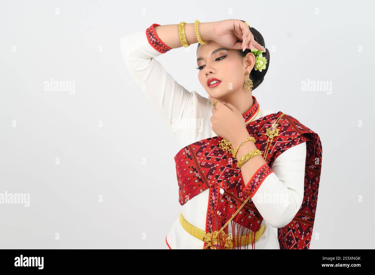 Ritratto di una bella donna thailandese in un abbigliamento tradizionale thailandese del nord in posa, bella donna asiatica in costume tailandese Lanna con un affascinante sorriso Foto Stock