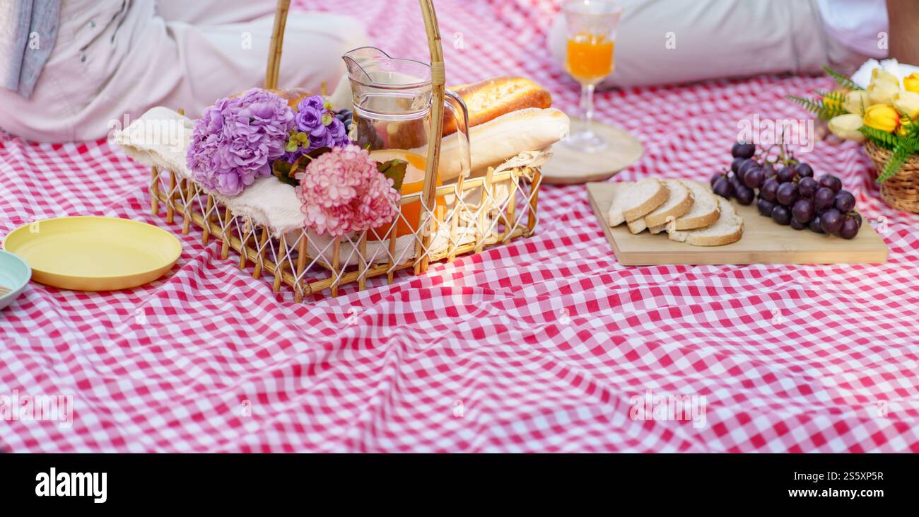 Pranzo al sacco, parco all'aperto con cestino per picnic. goditi un picnic nella natura del parco all'aperto Foto Stock