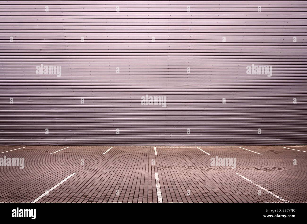 Posti auto vuoti sullo sfondo di una parete di metallo con ampio spazio libero per il posizionamento dei prodotti relativi a meccanici e automobili. Parcheggio vuoto Foto Stock