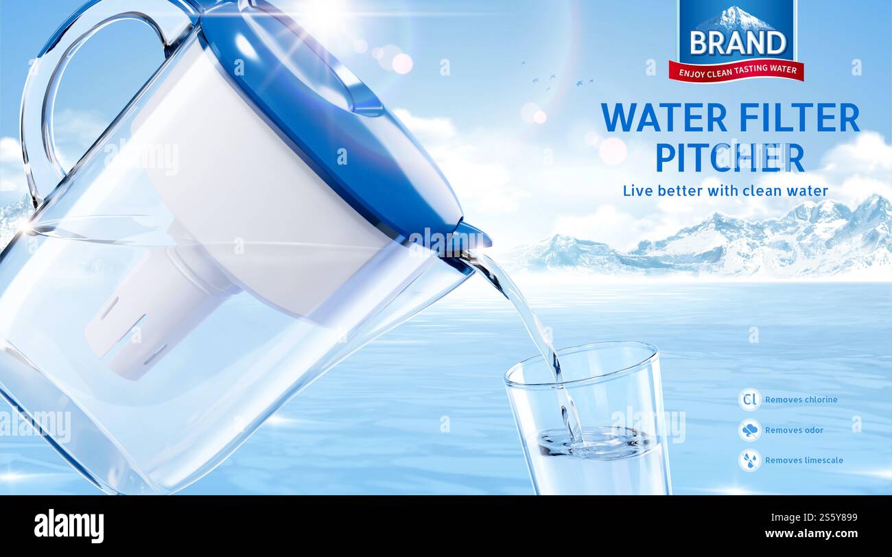 modello annuncio caraffa filtro acqua 3d. L'acqua viene versata dal mock-up della caraffa nella tazza di vetro sullo sfondo congelato dell'oceano. Concetto di rimanere idratati. acqua 3d. Foto Stock