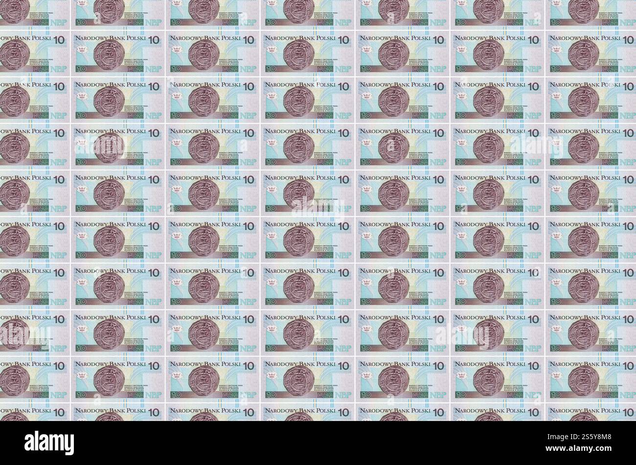 10 banconote polacche zloty stampate su un trasportatore per la produzione di denaro. Collage di molte bollette. Concetto di inflazione e svalutazione valutaria. 10 zloty polacco Foto Stock
