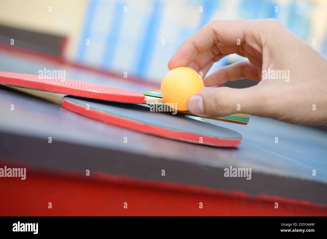 La mano maschile tiene la palla da ping pong su un piccolo tavolo da tennis da vicino in un cortile sportivo all'aperto. Concetto di sport attivi e allenamento fisico. Maniglie maschili Foto Stock