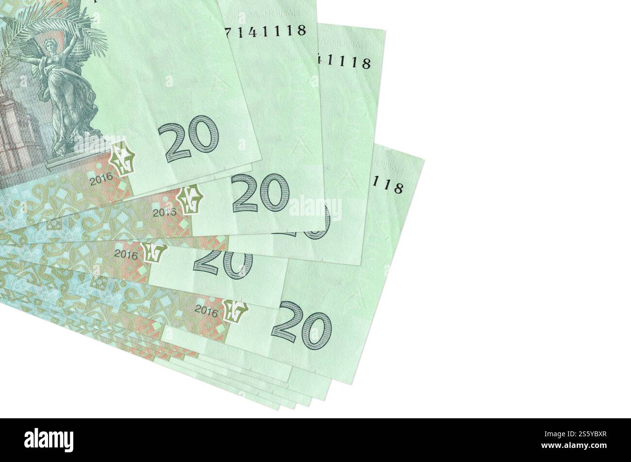 20 banconote ucraine hryvnias si trovano in un piccolo mazzo o pacchetto isolato su bianco. Mockup con spazio di copia. Concetto di business e cambio valuta. 20 Foto Stock