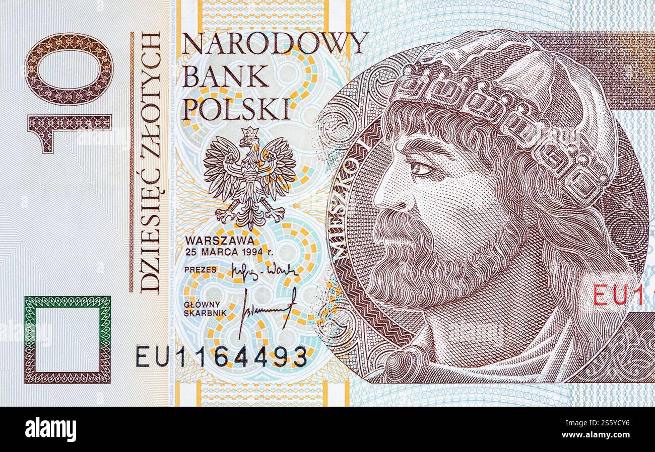 Mieszko i Principe di Polonia ritratto dal denaro polacco 10 zloty. La Polonia zlotys è la valuta nazionale della Polonia. Mieszko i Principe di Polonia Foto Stock