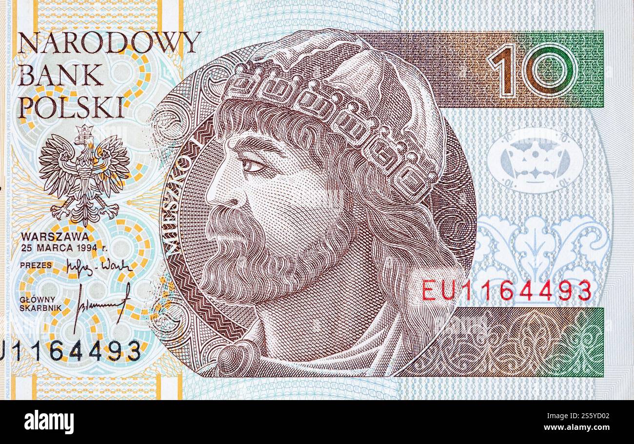Mieszko i Principe di Polonia ritratto dal denaro polacco 10 zloty. La Polonia zlotys è la valuta nazionale della Polonia. Mieszko i Principe di Polonia Foto Stock