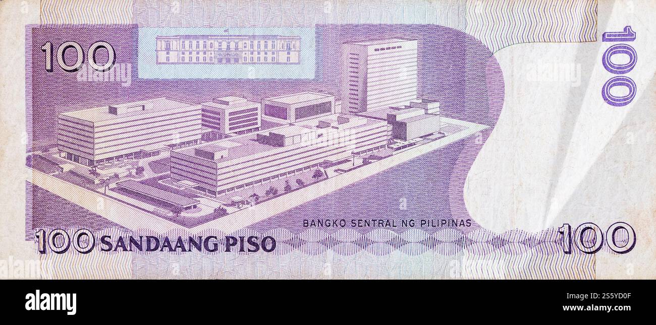Banca centrale delle Filippine su 100 Pisone Filippine bancomat Close Up framment. Fattura della valuta nazionale delle Filippine. Banca centrale delle Filippine attiva Foto Stock