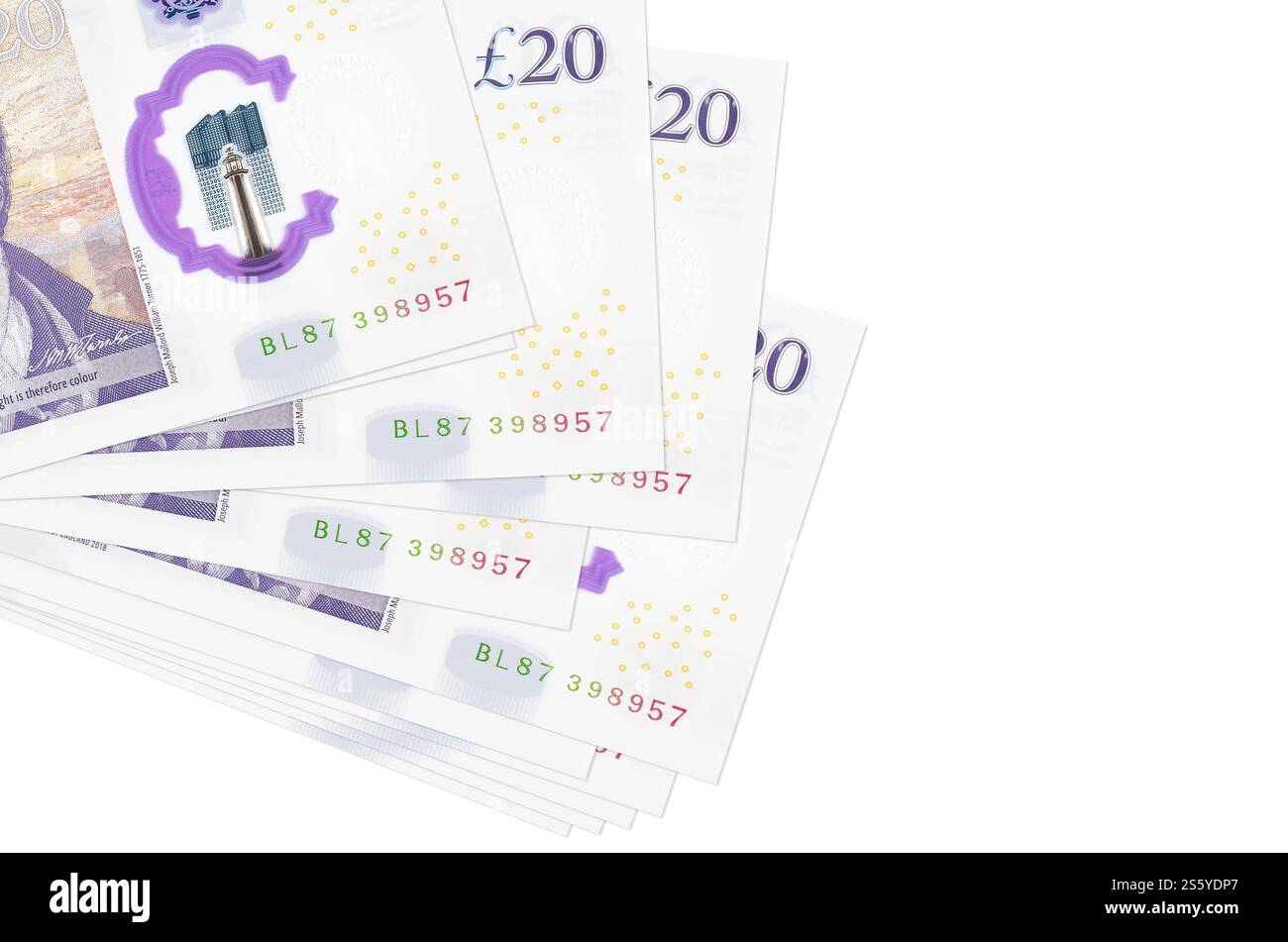 Le banconote da 20 sterline britanniche si trovano in un piccolo mazzo o in una confezione isolata sul bianco. Mockup con spazio di copia. Concetto di business e cambio valuta. 20 inglesi Foto Stock