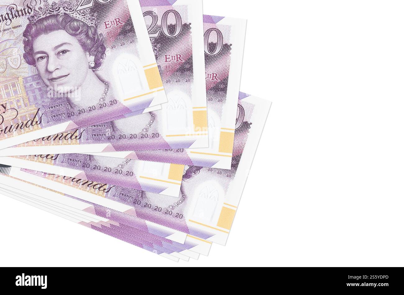 Le banconote da 20 sterline britanniche si trovano in un piccolo mazzo o in una confezione isolata sul bianco. Mockup con spazio di copia. Concetto di business e cambio valuta. 20 inglesi Foto Stock