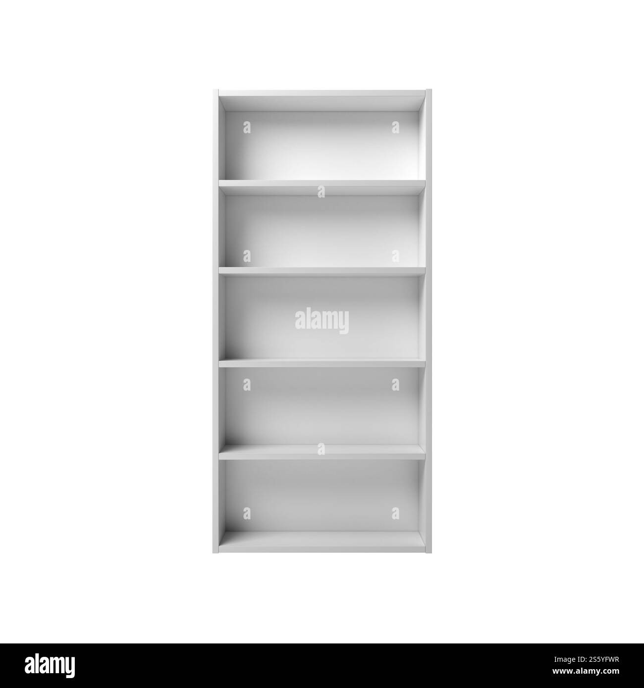 Libreria bianca vuota isolata su sfondo bianco. illustrazione 3d. Foto Stock