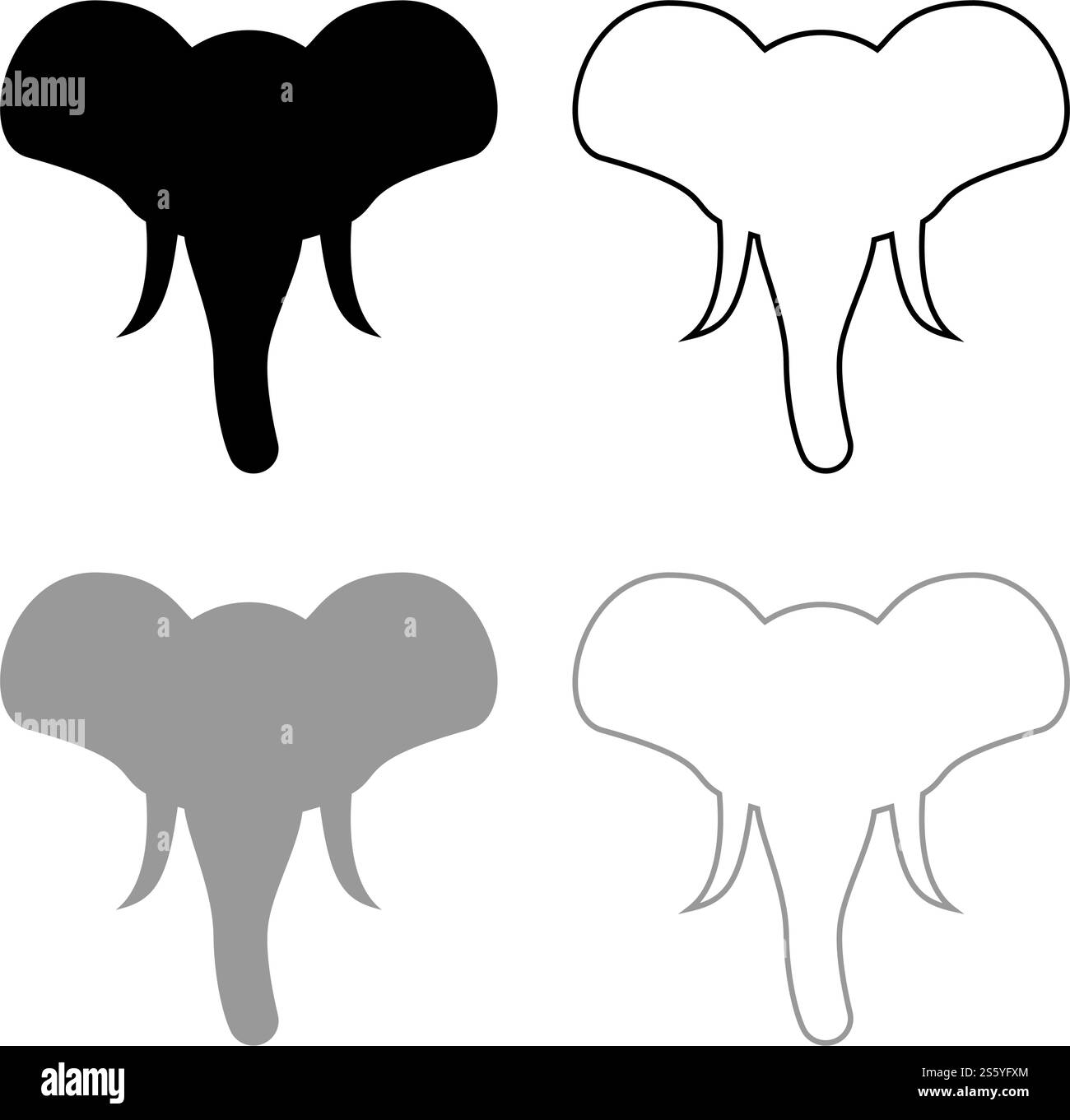 Testa della mascotte sagoma elefante vista frontale contorno icona animale africano o indiano set di colore grigio nero illustrazione vettoriale stile piatto immagine semplice. Testa della mascotte sagoma elefante vista frontale contorno icona animale africano o indiano set di immagini vettoriali di colore grigio nero immagine piatta Illustrazione Vettoriale