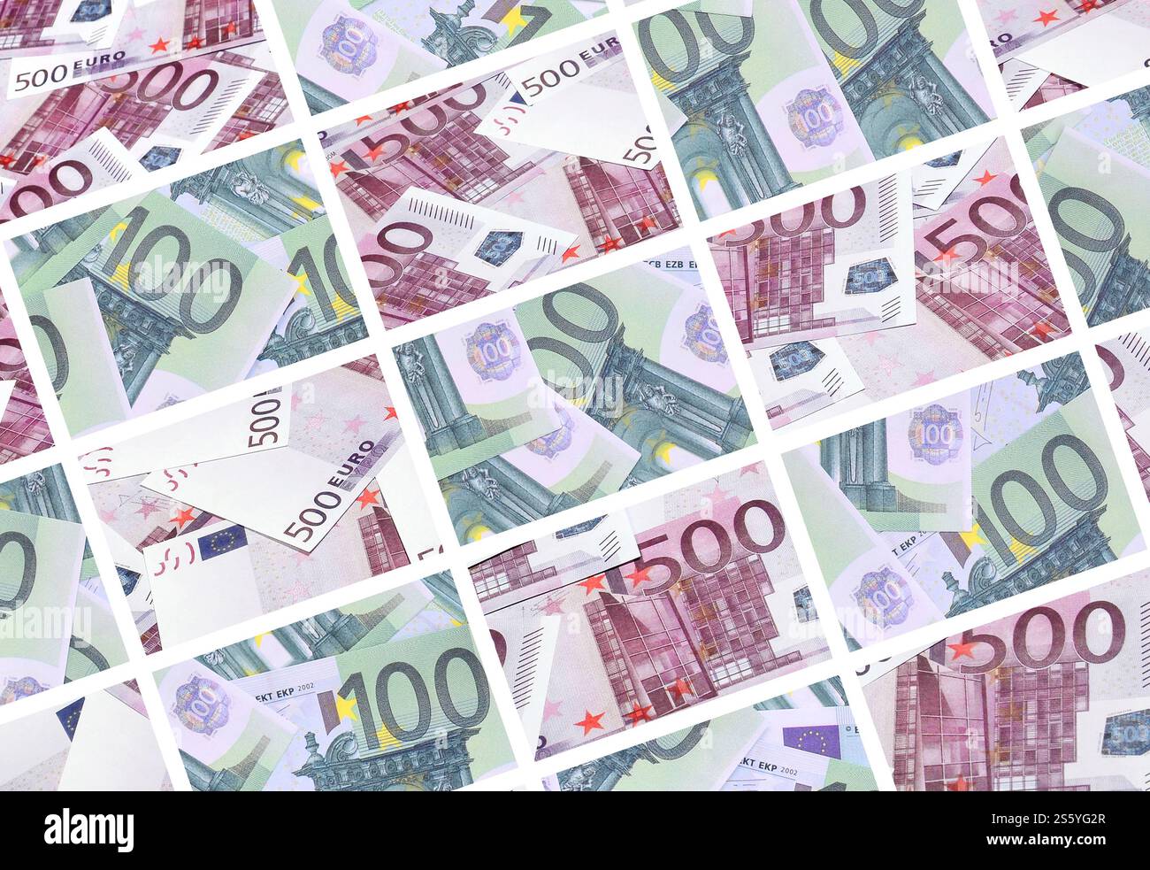 Un collage di molte immagini di centinaia di dollari ed euro bills giacente in una pila Foto Stock
