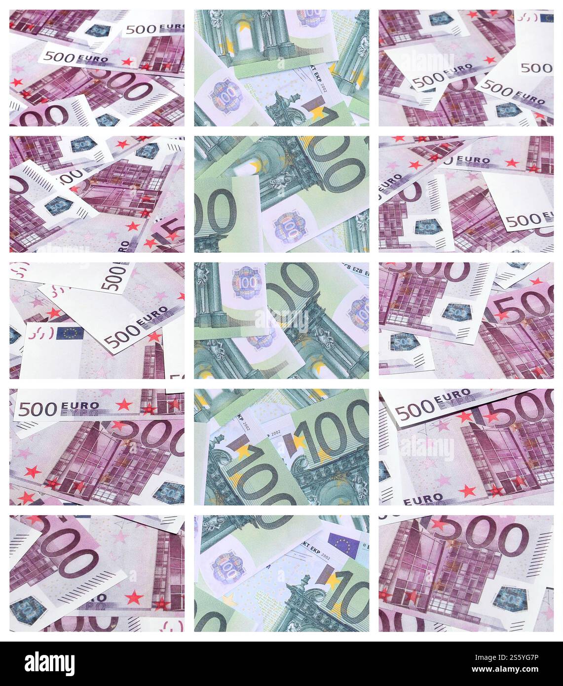 Un collage di molte immagini di centinaia di dollari ed euro bills giacente in una pila Foto Stock