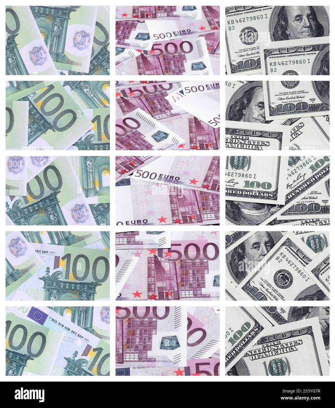 Un collage di molte immagini delle banconote in tagli da 100 e 500 euro giacente nella memoria heap Foto Stock